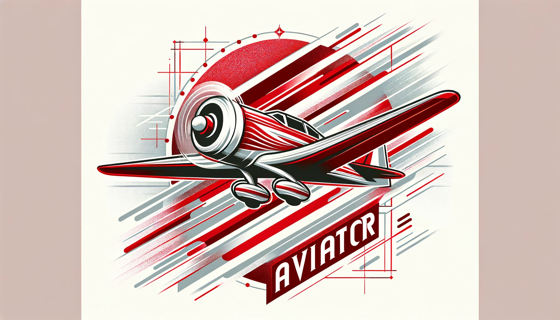 a stylised red aircraft with white accents, set against a geometric pattern in shades of grey and red. The aircraft is depicted in a dynamic pose, which creates the impression of speed and movement. At the bottom of the painting there is an inscription 