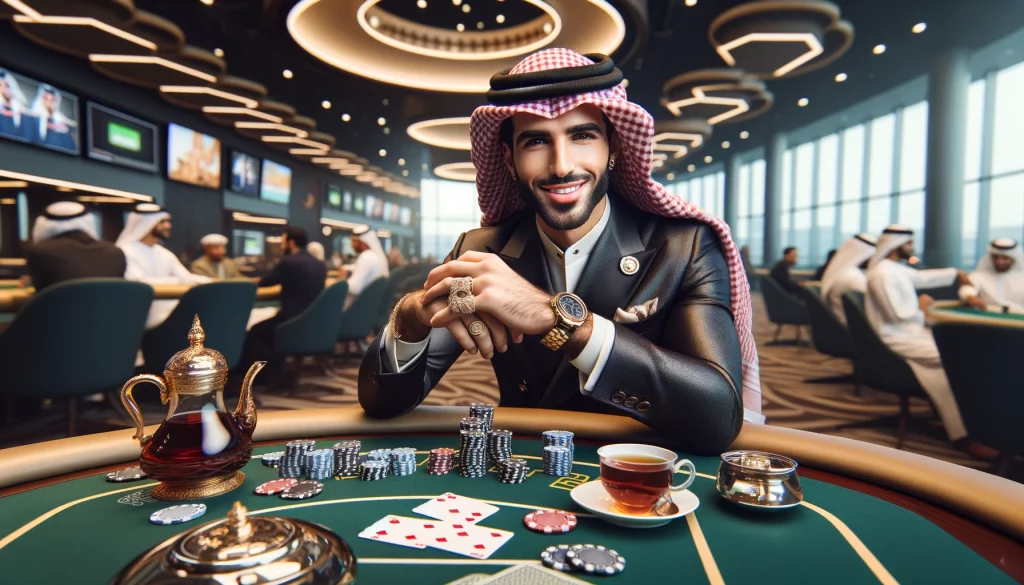 _A handsome Arab man in a luxurious Arabian suit, wearing an expensive watch on his right hand, a gold chain around his neck, and a ring on his left ha (1)